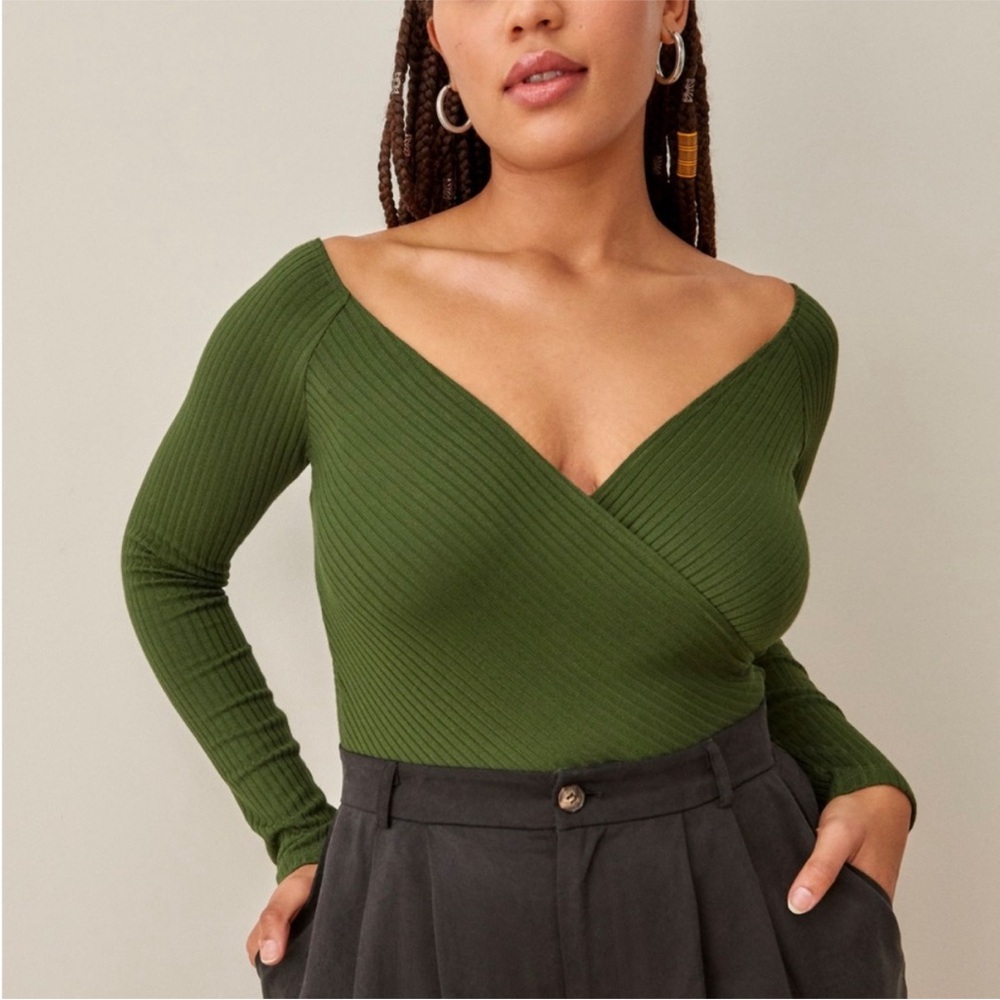 Reformation Olive Green Ribbed Wrap Top